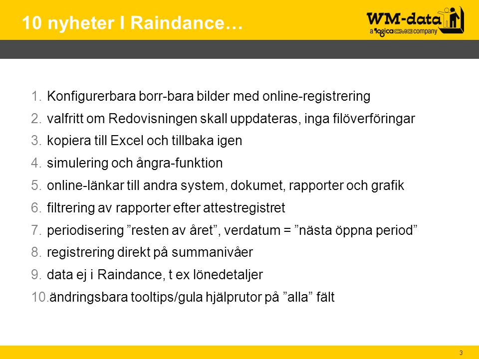 10 nyheter I Raindance… Konfigurerbara borr-bara bilder med online-registrering. valfritt om Redovisningen skall uppdateras, inga filöverföringar.
