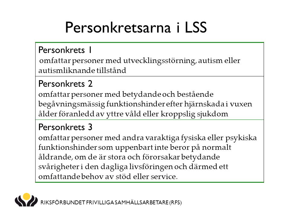 Personkretsarna i LSS Personkrets 1 omfattar personer med utvecklingsstörning, autism eller autismliknande tillstånd.