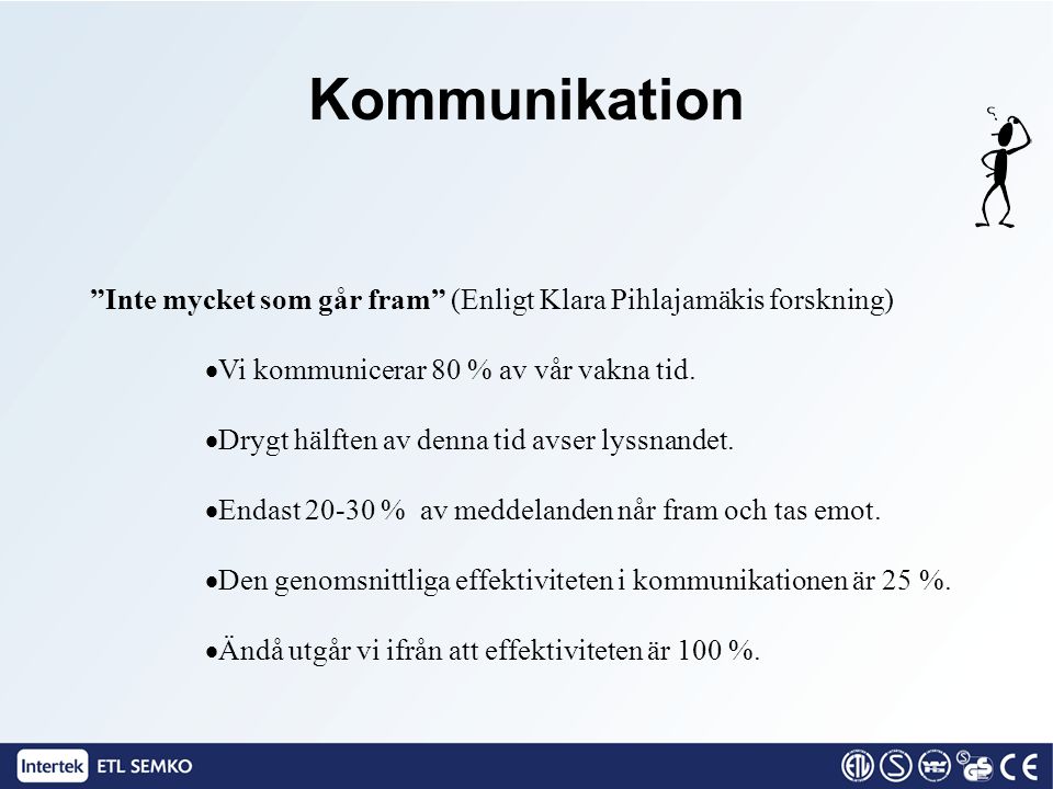 Kommunikation Inte mycket som går fram (Enligt Klara Pihlajamäkis forskning) Vi kommunicerar 80 % av vår vakna tid.