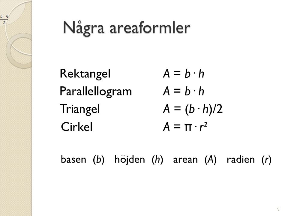 Några areaformler Rektangel A = b· h Parallellogram A = b· h