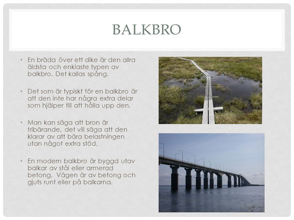 BALKBRO En bräda över ett dike är den allra äldsta och enklaste typen av balkbro. Det kallas spång.