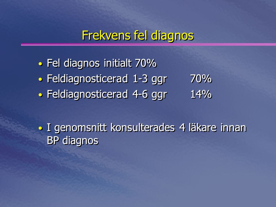 Frekvens fel diagnos Fel diagnos initialt 70%