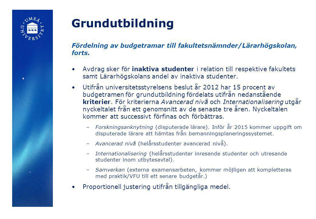 Grundutbildning Fördelning av budgetramar till fakultetsnämnder/Lärarhögskolan, forts.