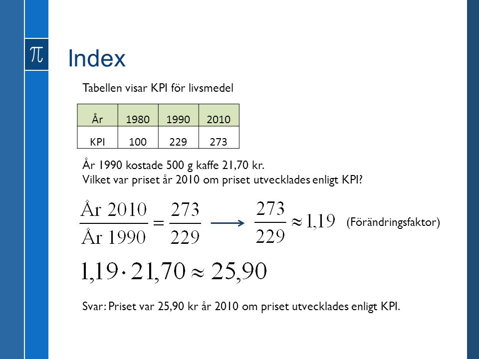 Index Tabellen visar KPI för livsmedel År KPI