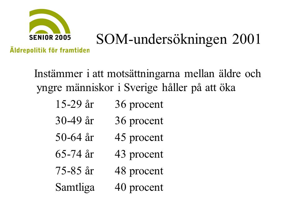 SOM-undersökningen 2001 Instämmer i att motsättningarna mellan äldre och yngre människor i Sverige håller på att öka.