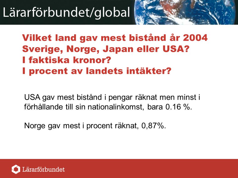 Vilket land gav mest bistånd år 2004 Sverige, Norge, Japan eller USA