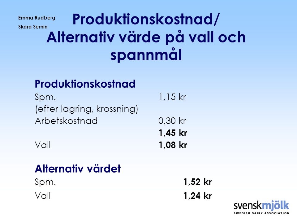 Produktionskostnad/ Alternativ värde på vall och spannmål