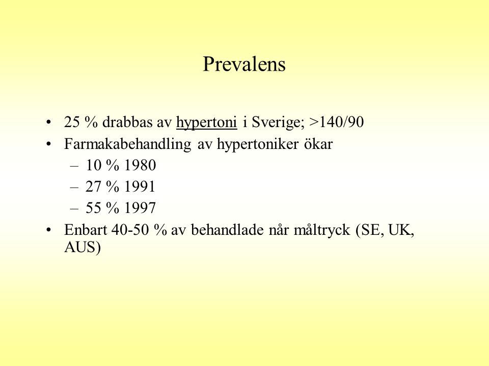 Prevalens 25 % drabbas av hypertoni i Sverige; >140/90