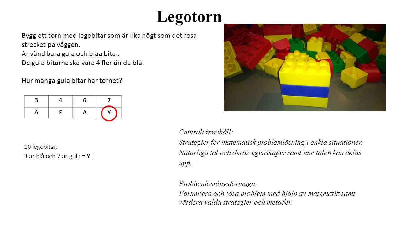 Legotorn Bygg ett torn med legobitar som är lika högt som det rosa strecket på väggen. Använd bara gula och blåa bitar.