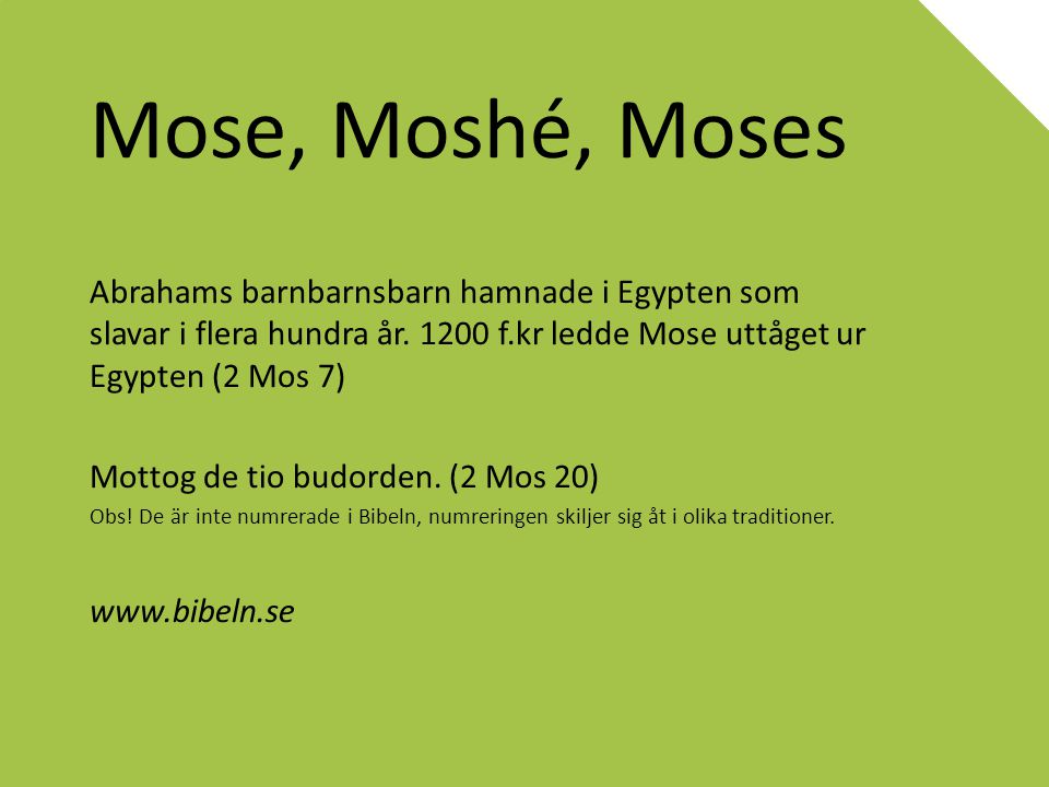 Mose, Moshé, Moses Abrahams barnbarnsbarn hamnade i Egypten som slavar i flera hundra år f.kr ledde Mose uttåget ur Egypten (2 Mos 7)