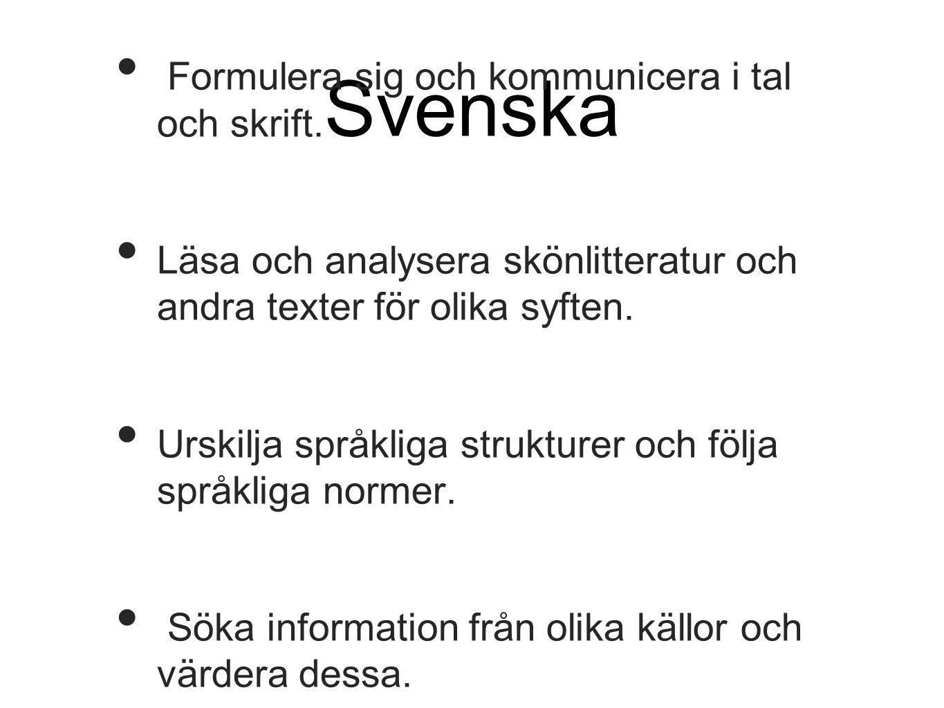 Svenska Formulera sig och kommunicera i tal och skrift.