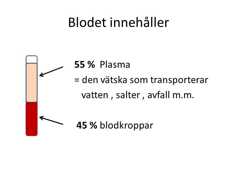 Blodet innehåller 55 % Plasma = den vätska som transporterar