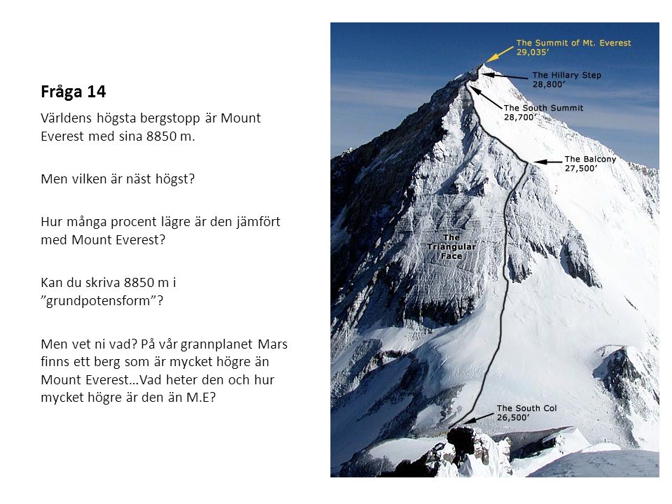 Fråga 14 Världens högsta bergstopp är Mount Everest med sina 8850 m.