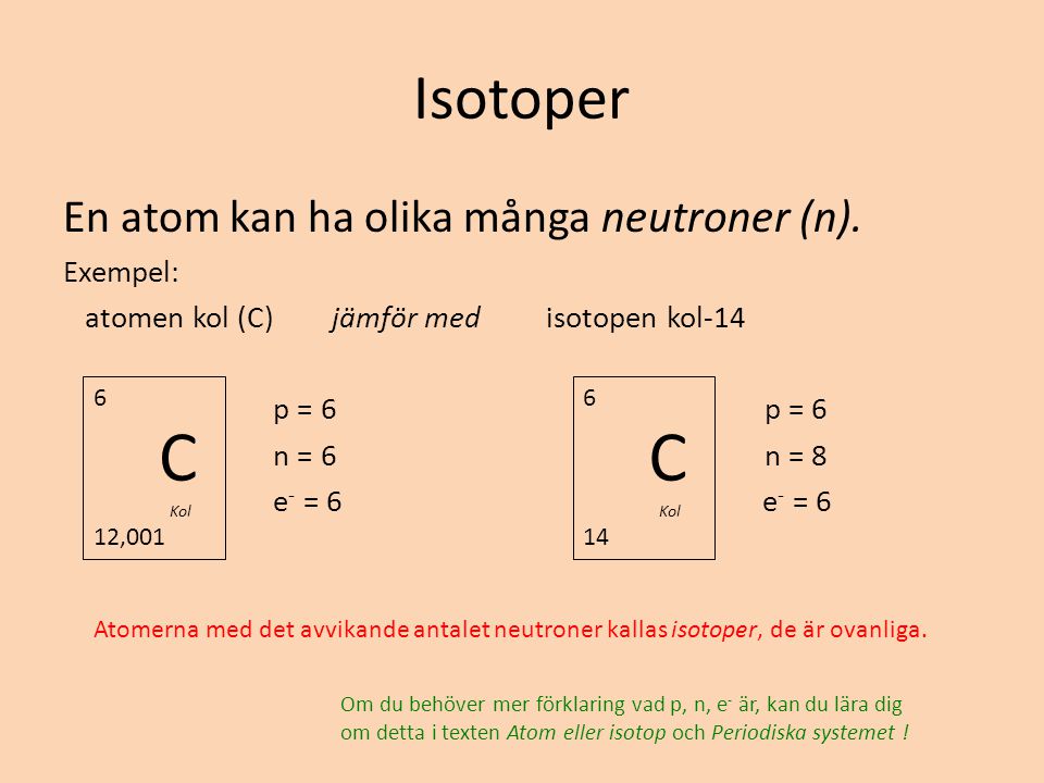 C C Isotoper En atom kan ha olika många neutroner (n). Exempel:
