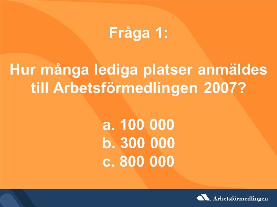 Fråga 1: Hur många lediga platser anmäldes till Arbetsförmedlingen 2007.