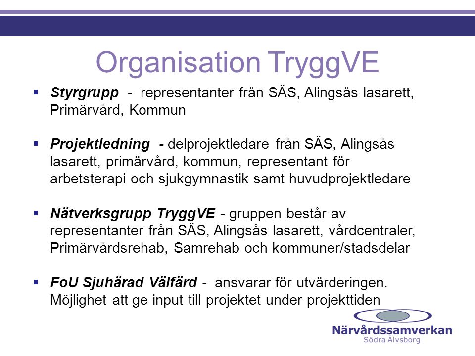 Organisation TryggVE Styrgrupp - representanter från SÄS, Alingsås lasarett, Primärvård, Kommun.
