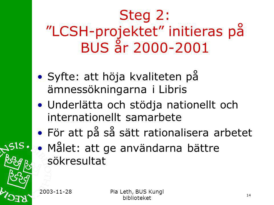 Steg 2: LCSH-projektet initieras på BUS år