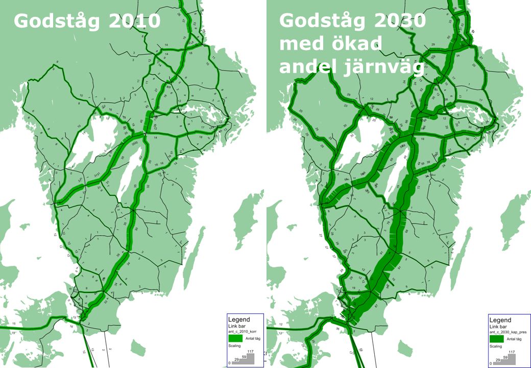 Godståg 2010 Godståg 2030 med ökad andel järnväg