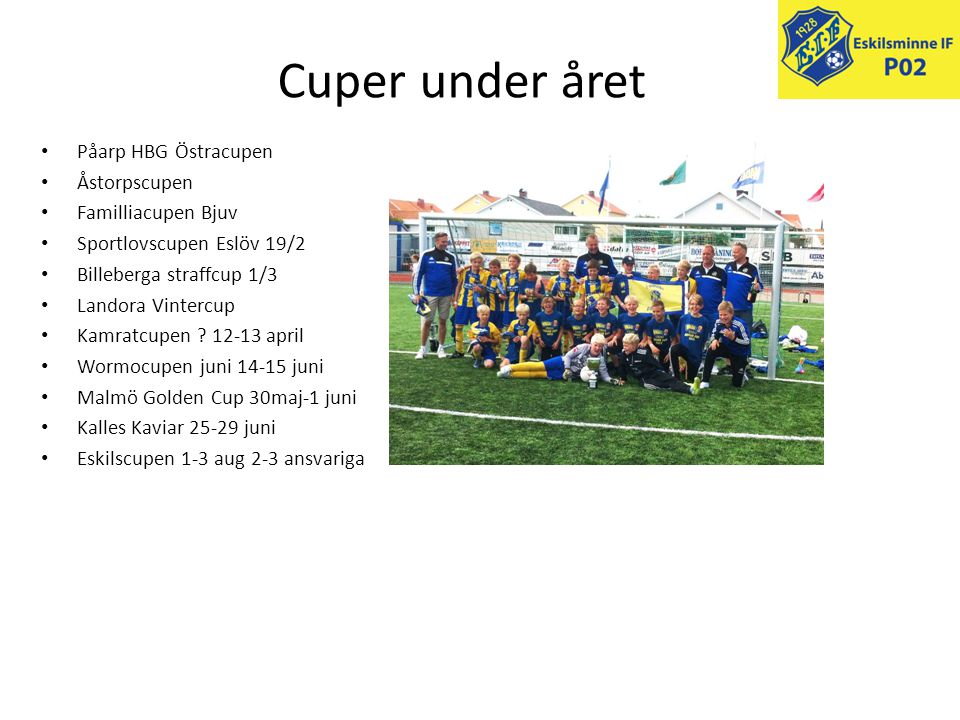 Cuper under året Påarp HBG Östracupen Åstorpscupen Familliacupen Bjuv