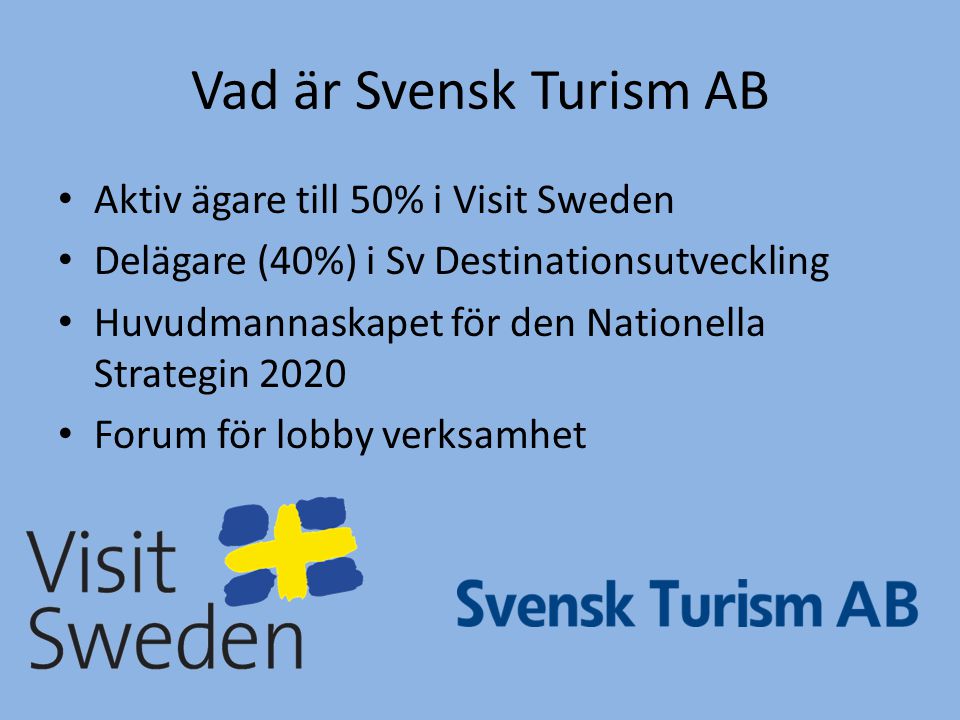 Vad är Svensk Turism AB Aktiv ägare till 50% i Visit Sweden