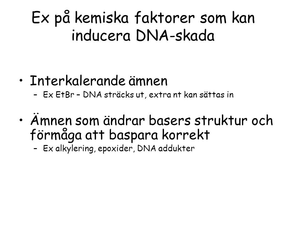 Ex på kemiska faktorer som kan inducera DNA-skada