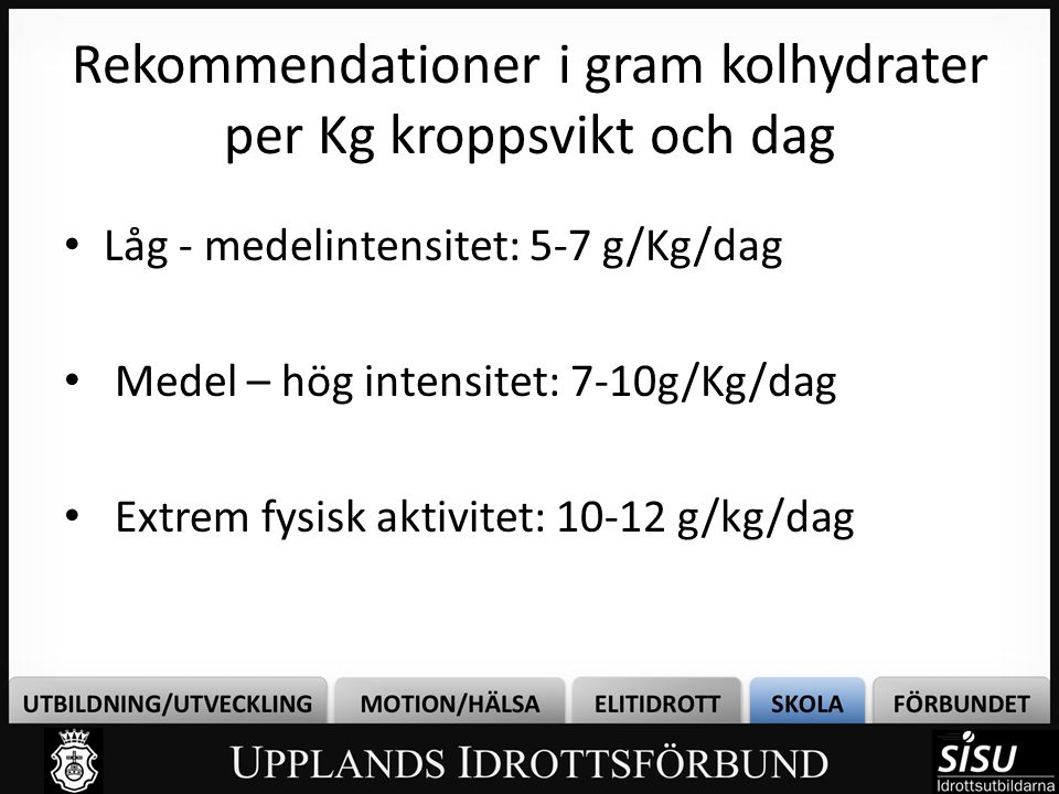Rekommendationer i gram kolhydrater per Kg kroppsvikt och dag