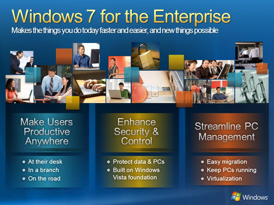 Windows 7 for the Enterprise Makes the things you do today faster and easier, and new things possible