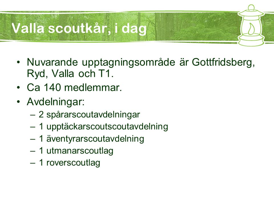 Valla scoutkår, i dag Nuvarande upptagningsområde är Gottfridsberg, Ryd, Valla och T1. Ca 140 medlemmar.