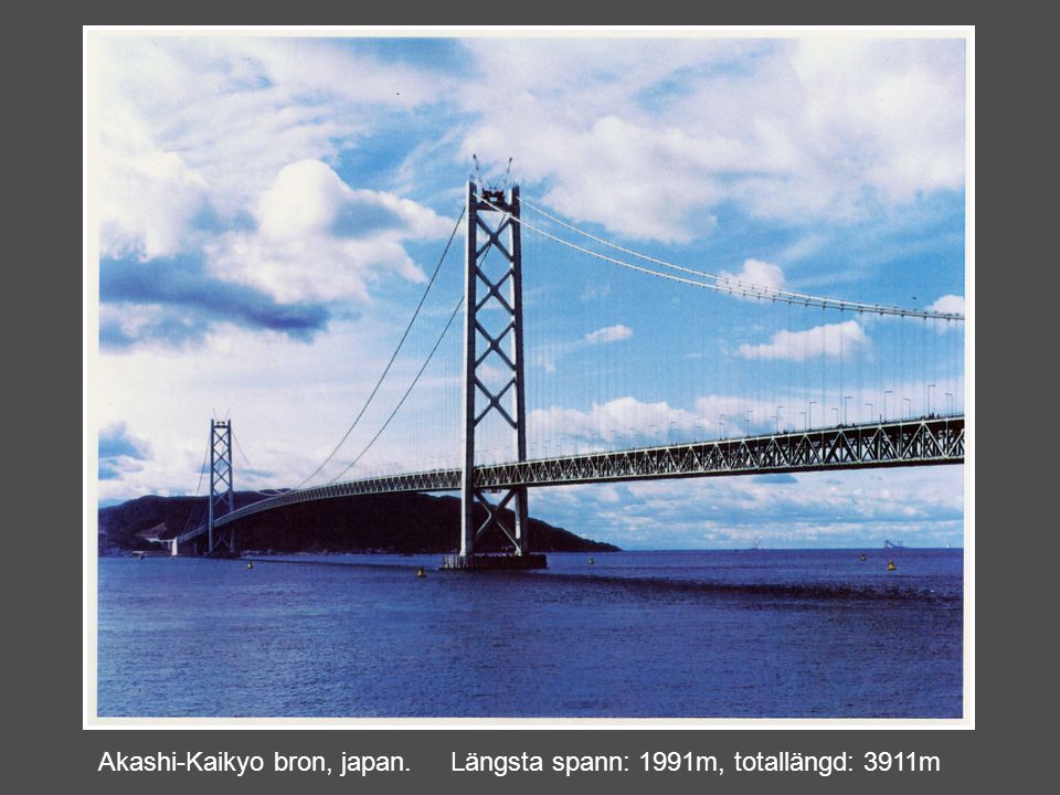 Akashi-Kaikyo bron, japan. Längsta spann: 1991m, totallängd: 3911m
