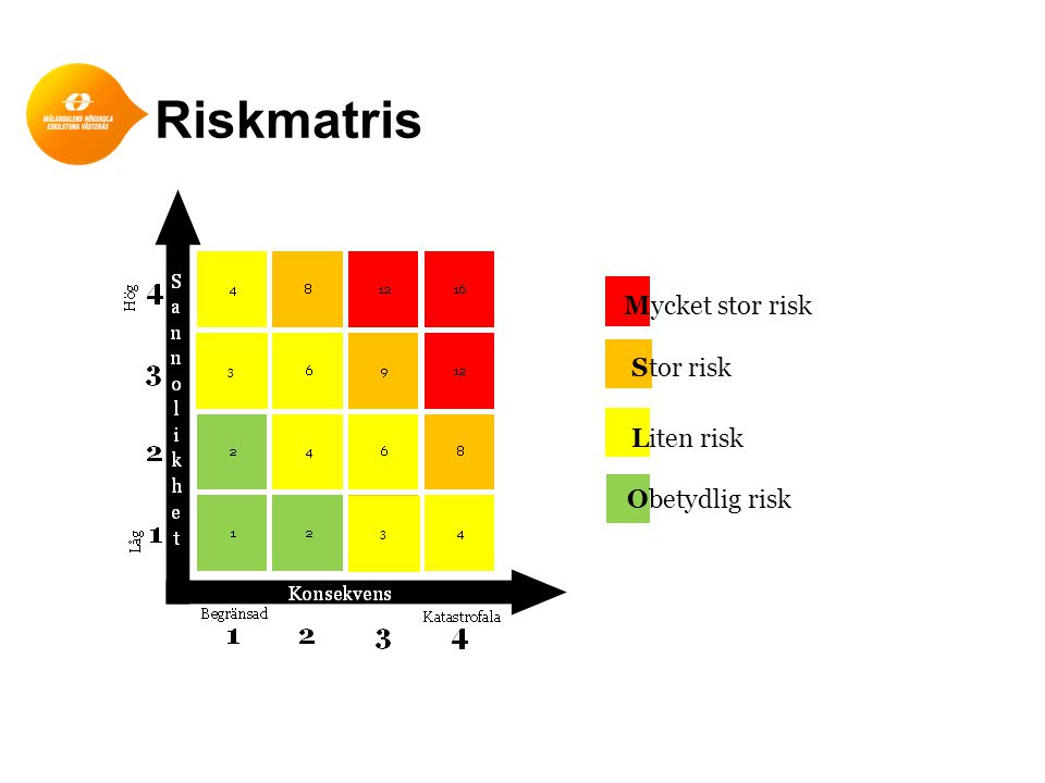 Riskmatris 3 Mycket stor risk Stor risk Liten risk Obetydlig risk