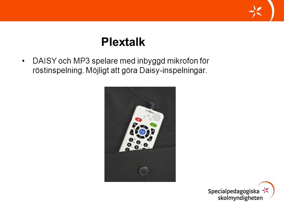 Plextalk DAISY och MP3 spelare med inbyggd mikrofon för röstinspelning.