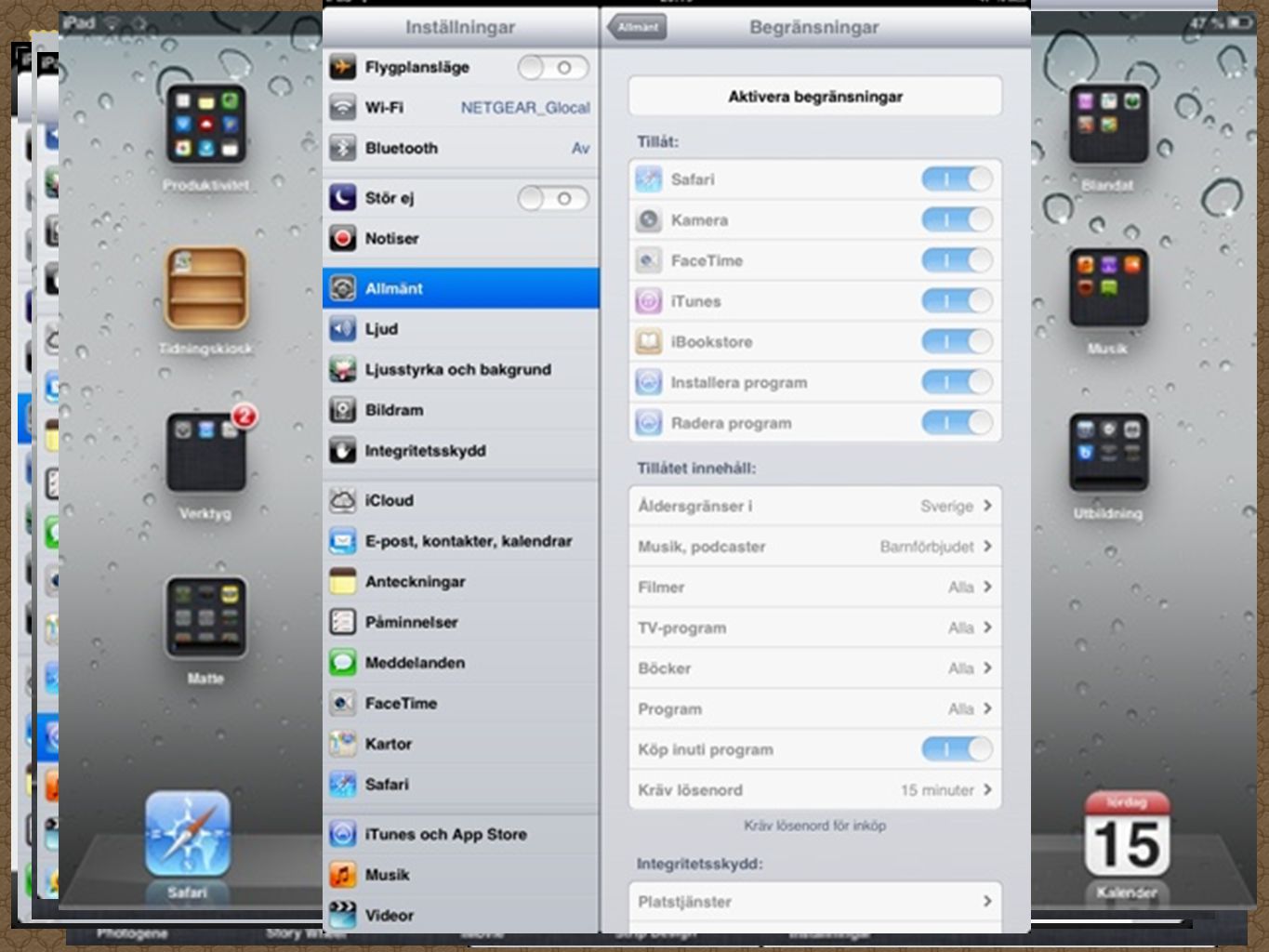 Inställningar wifi, ljus, rotera, standby appleID/iTunes, appstore