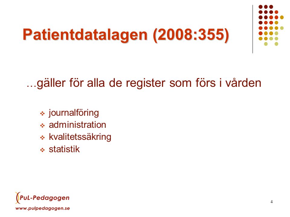 LSF 15 maj Patientdatalagen (2008:355) …gäller för alla de register som förs i vården. journalföring.