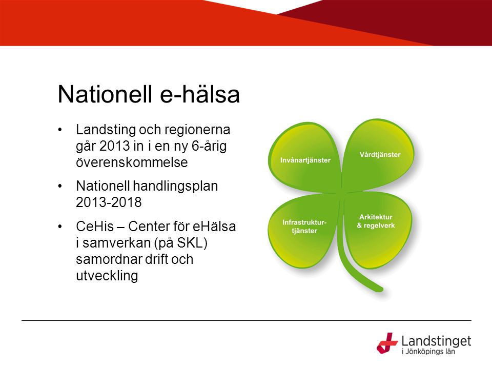Nationell e-hälsa Landsting och regionerna går 2013 in i en ny 6-årig överenskommelse. Nationell handlingsplan