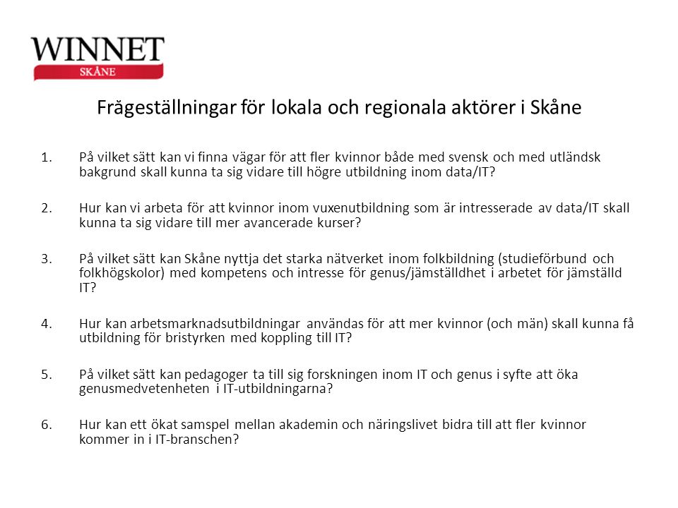 Frågeställningar för lokala och regionala aktörer i Skåne