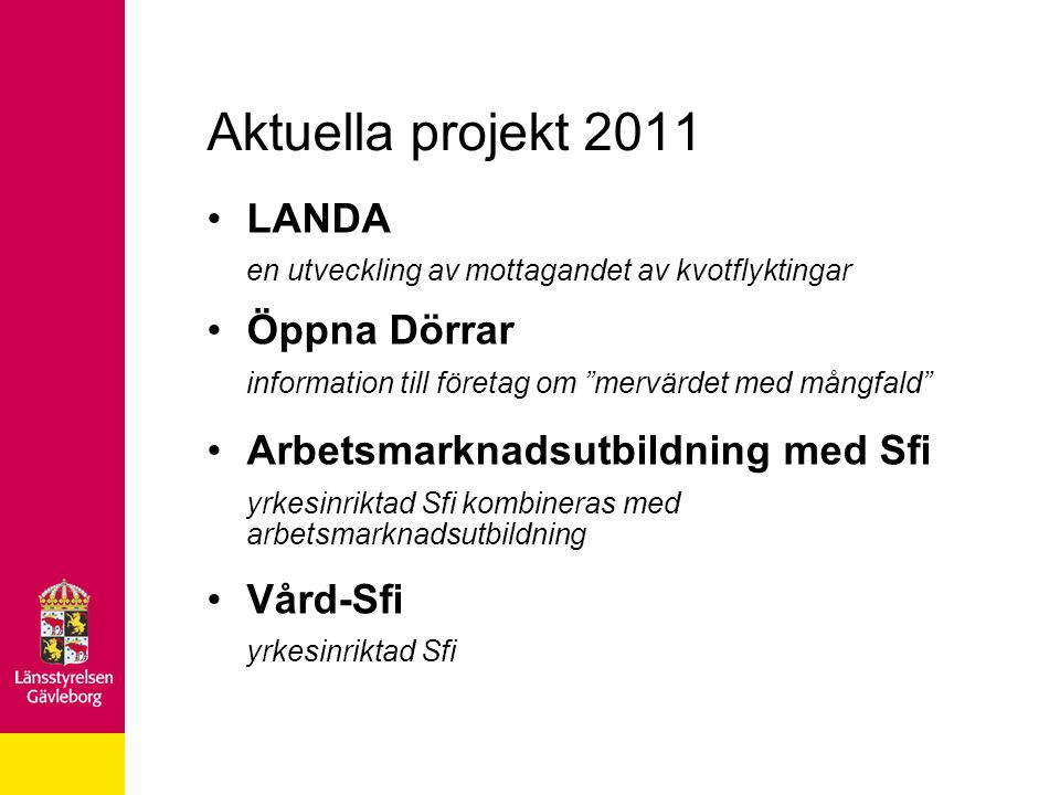 Aktuella projekt 2011 LANDA en utveckling av mottagandet av kvotflyktingar. Öppna Dörrar. information till företag om mervärdet med mångfald