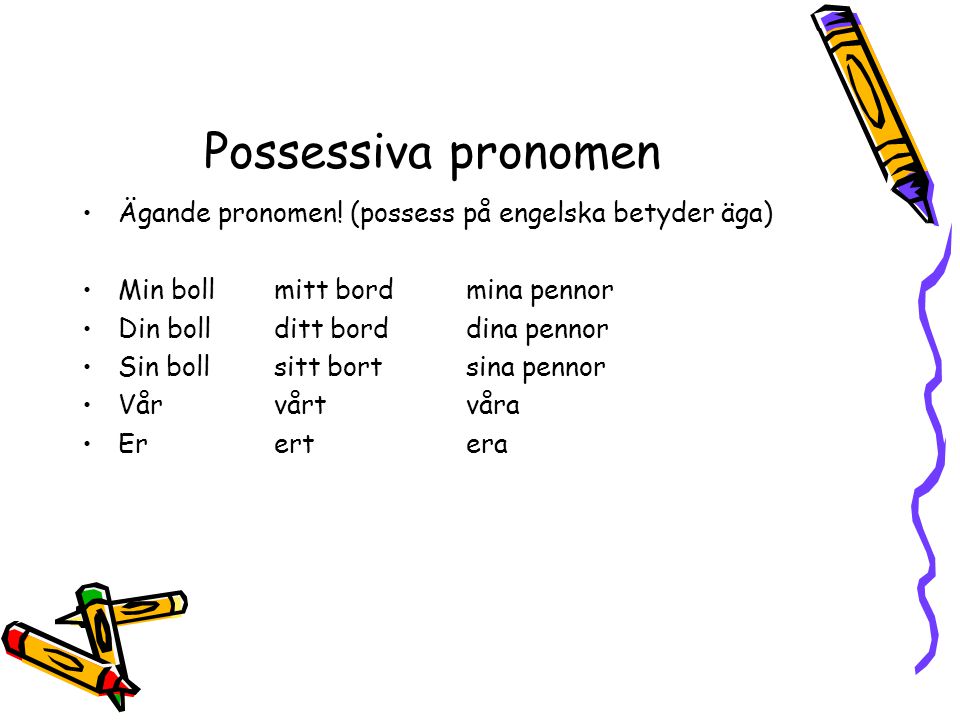 Possessiva pronomen Ägande pronomen! (possess på engelska betyder äga)