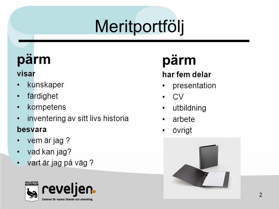 Meritportfölj pärm pärm visar har fem delar kunskaper presentation