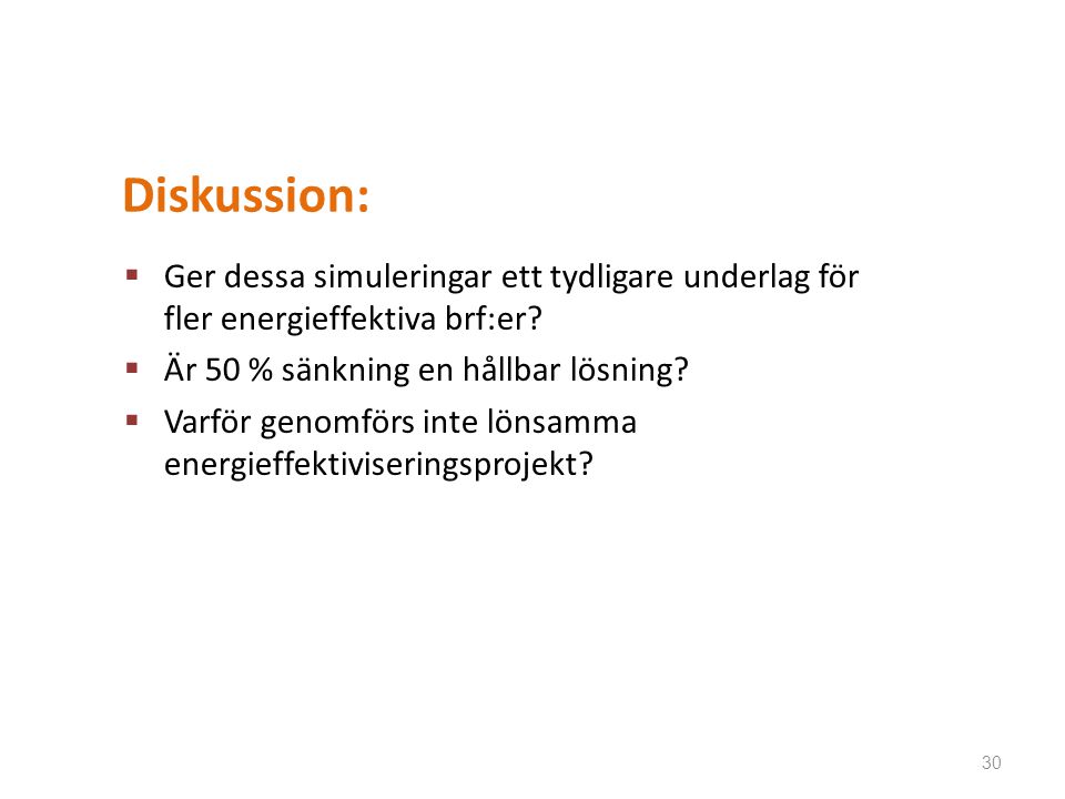 Diskussion: Ger dessa simuleringar ett tydligare underlag för fler energieffektiva brf:er Är 50 % sänkning en hållbar lösning