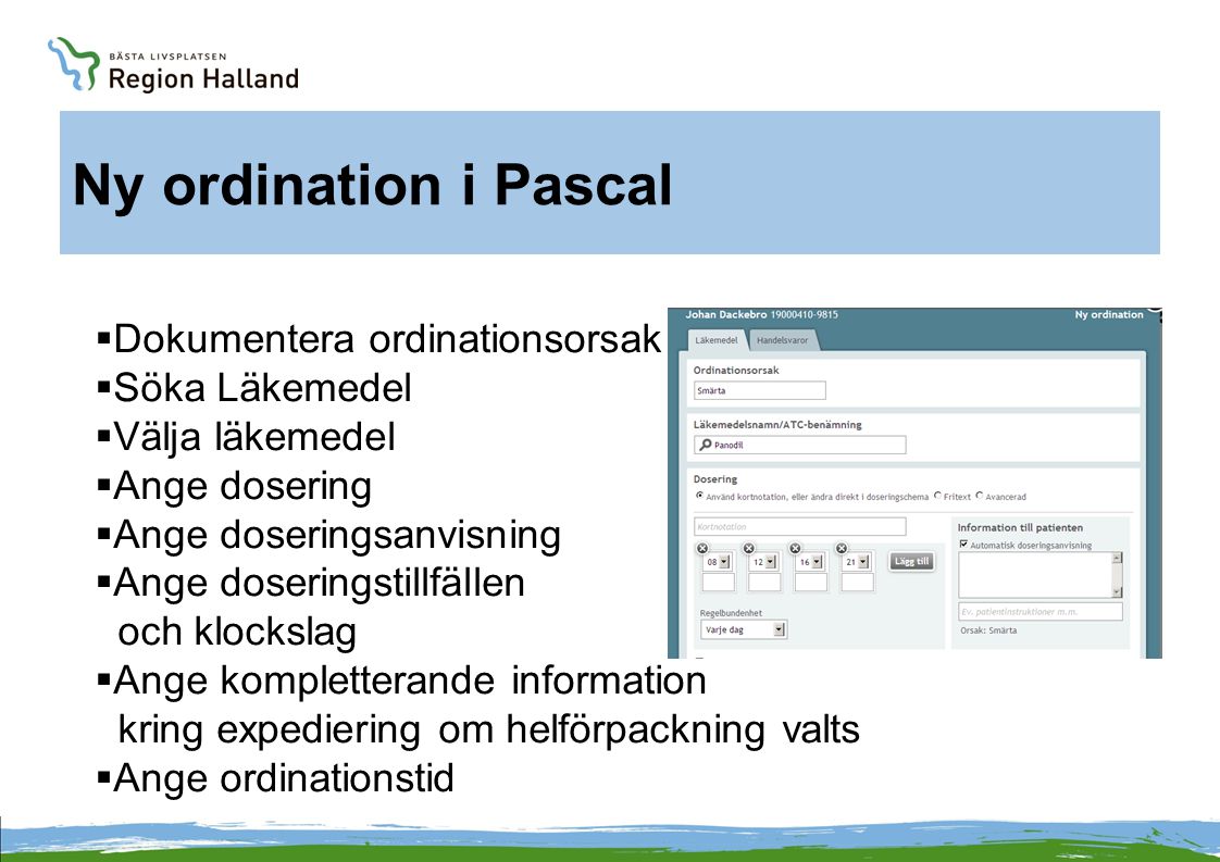 Ny ordination i Pascal Dokumentera ordinationsorsak Söka Läkemedel
