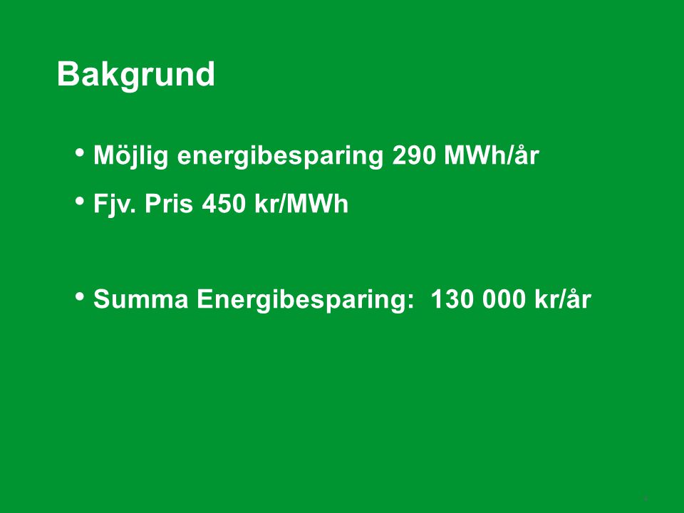 Bakgrund Möjlig energibesparing 290 MWh/år Fjv. Pris 450 kr/MWh