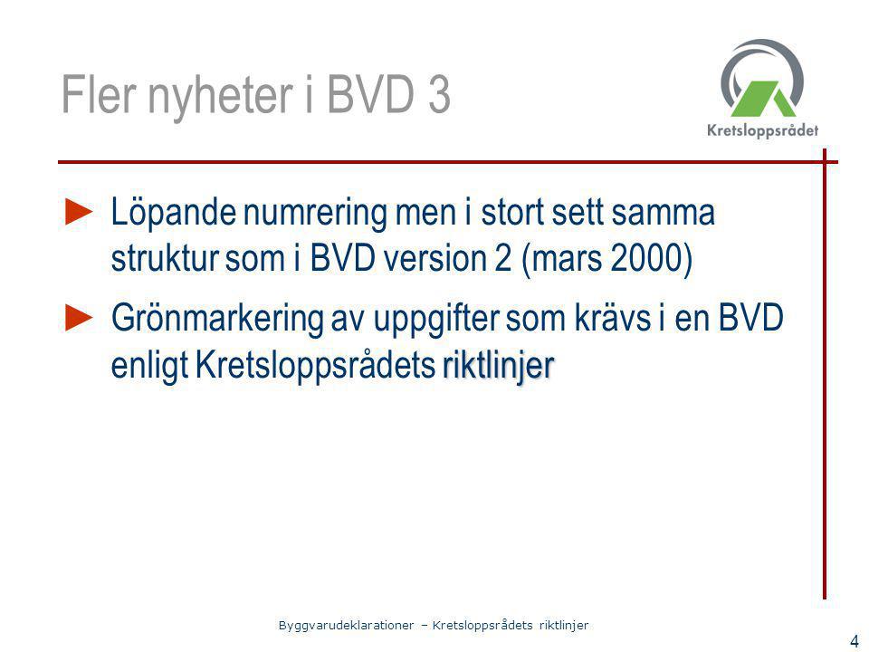 Fler nyheter i BVD 3 Löpande numrering men i stort sett samma struktur som i BVD version 2 (mars 2000)