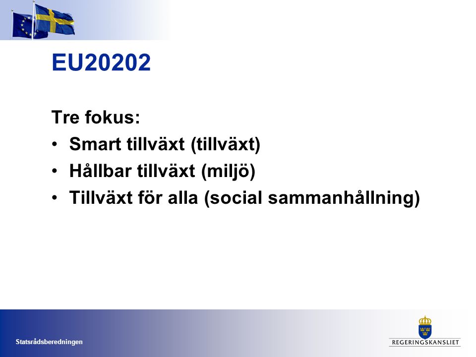 EU20202 Tre fokus: Smart tillväxt (tillväxt) Hållbar tillväxt (miljö)