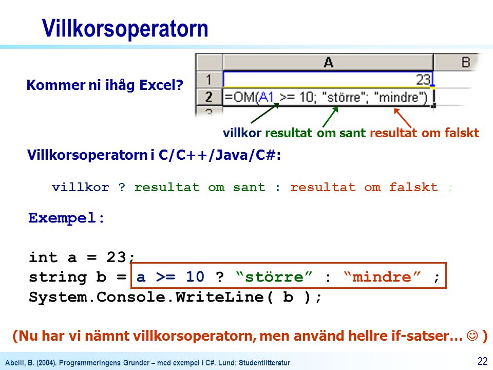 Villkorsoperatorn Exempel: int a = 23;