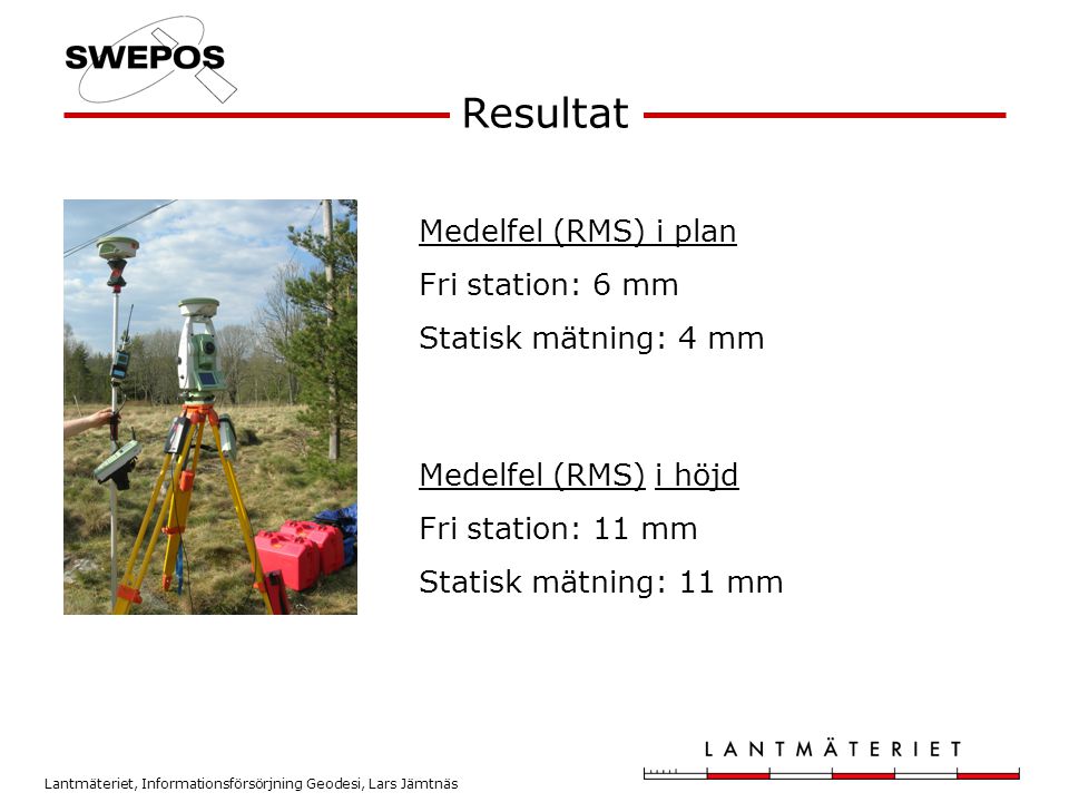 Resultat Medelfel (RMS) i plan Fri station: 6 mm Statisk mätning: 4 mm