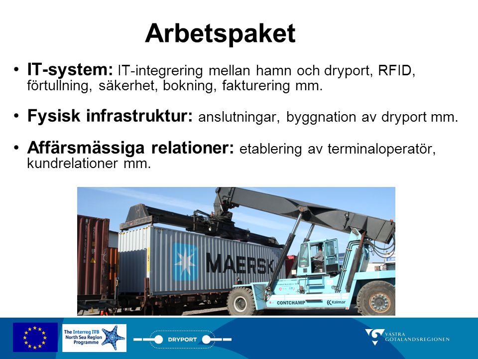 Arbetspaket IT-system: IT-integrering mellan hamn och dryport, RFID, förtullning, säkerhet, bokning, fakturering mm.