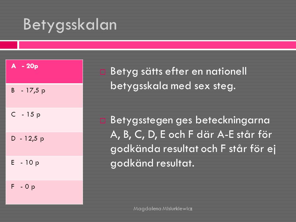 Betygsskalan Betyg sätts efter en nationell betygsskala med sex steg.