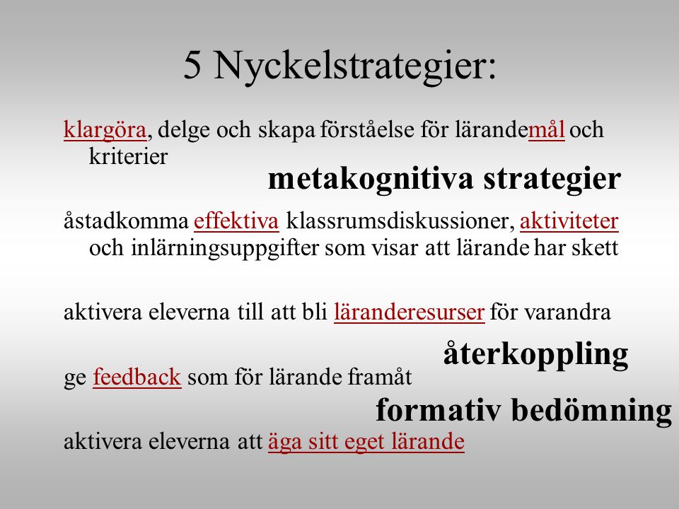 5 Nyckelstrategier: metakognitiva strategier återkoppling