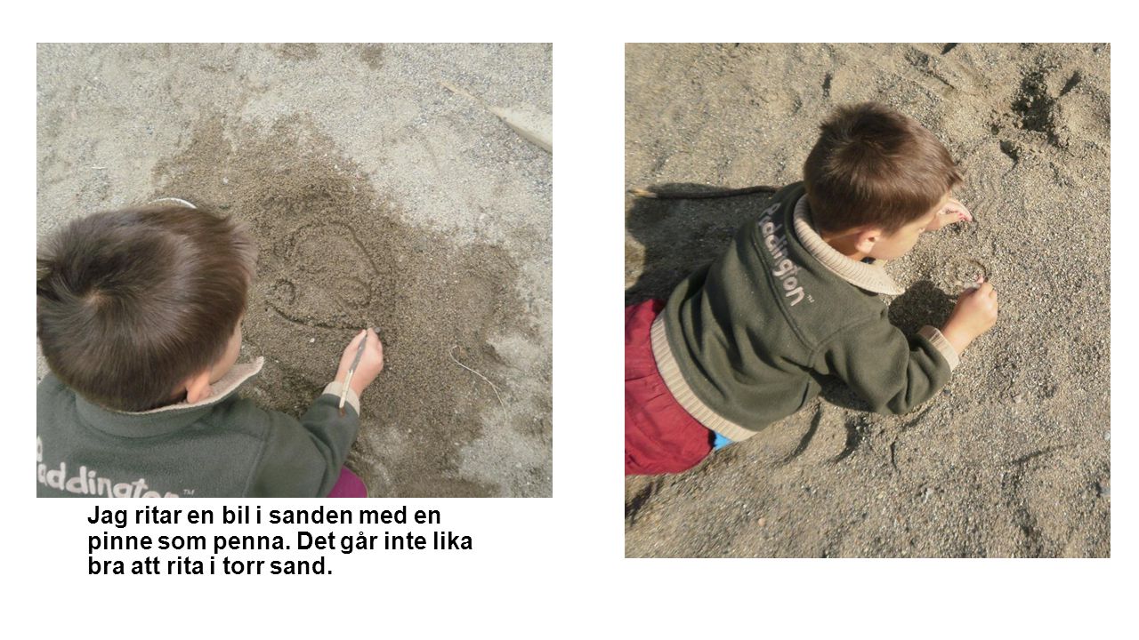 Jag ritar en bil i sanden med en pinne som penna