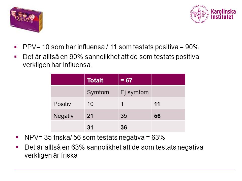 PPV= 10 som har influensa / 11 som testats positiva = 90%